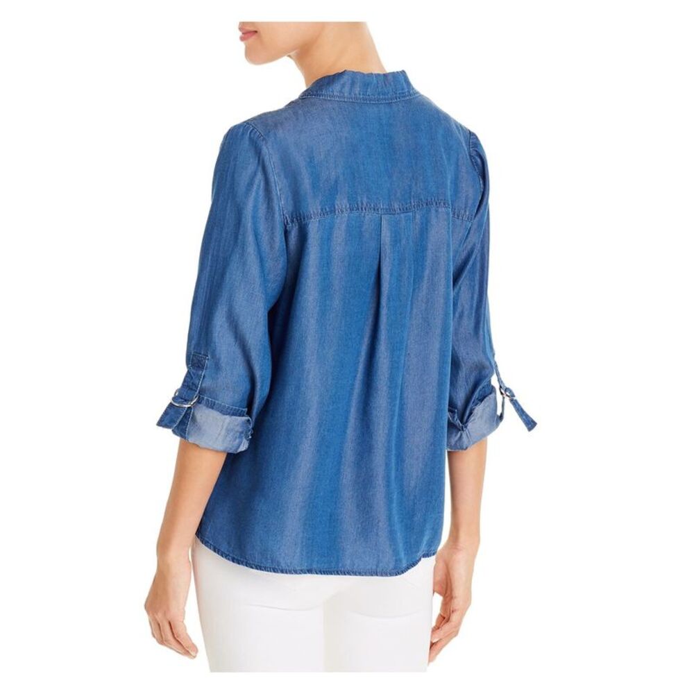 ALISON ANDREWS Womens Blue Pocketed Tie Front Roll-tab Sleeve Collared Top XL - Picture 2 of 2